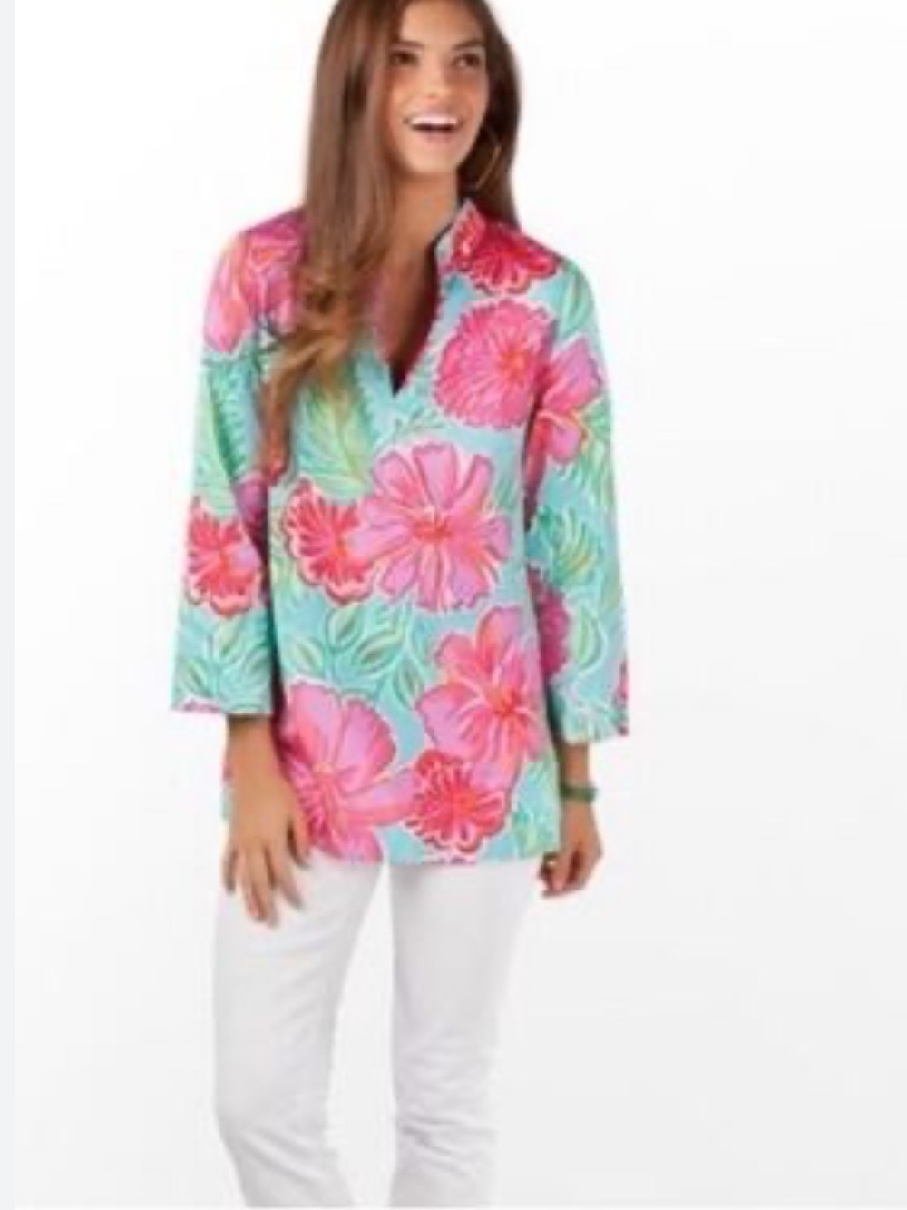 Lilly Pulitzer Ciara Tunic Top Blue Bellini Floral Tropical Leaf Print